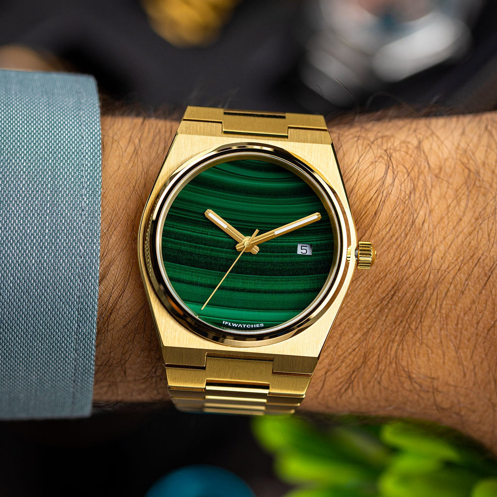 Malachite Gold Concept – Custom natural malachite stone dial on gold-tone stainless steel watch, bespoke timepiece by IFL Watches