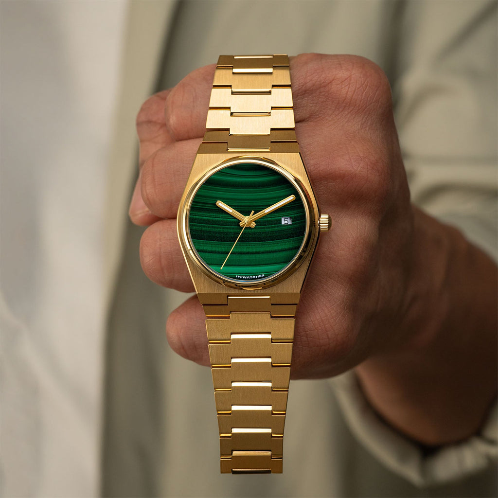 Malachite Gold Concept – Custom natural malachite stone dial on gold-tone stainless steel watch, bespoke timepiece by IFL Watches
