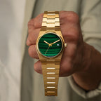 Malachite Gold Concept – Custom natural malachite stone dial on gold-tone stainless steel watch, bespoke timepiece by IFL Watches