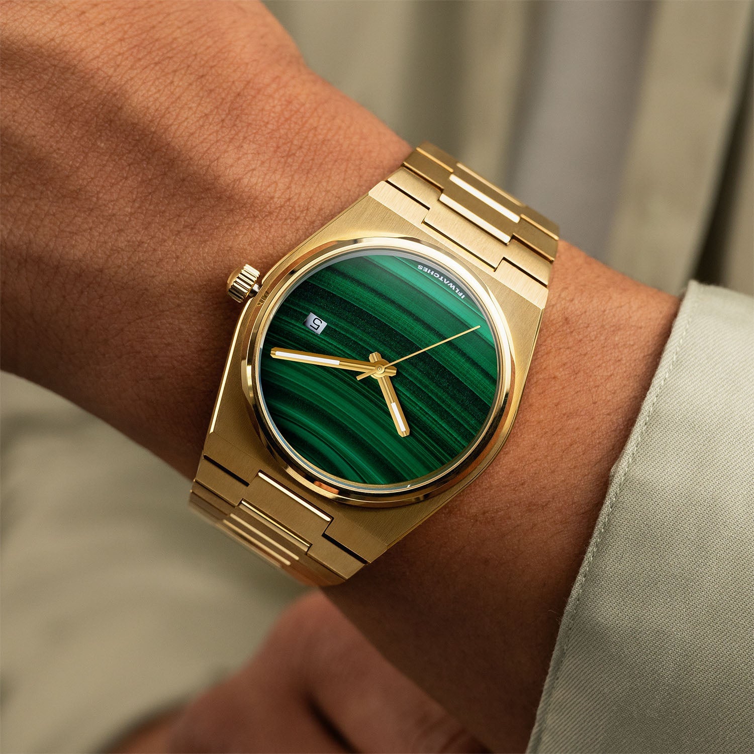 Malachite Gold Concept – Custom natural malachite stone dial on gold-tone stainless steel watch, bespoke timepiece by IFL Watches