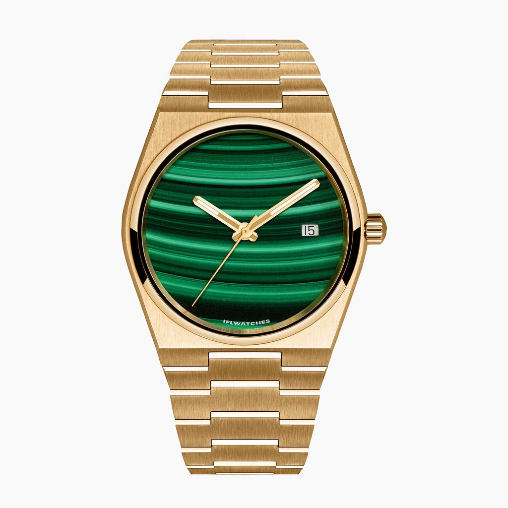 Malachite Gold Concept – Custom natural malachite stone dial on gold-tone stainless steel watch, bespoke timepiece by IFL Watches