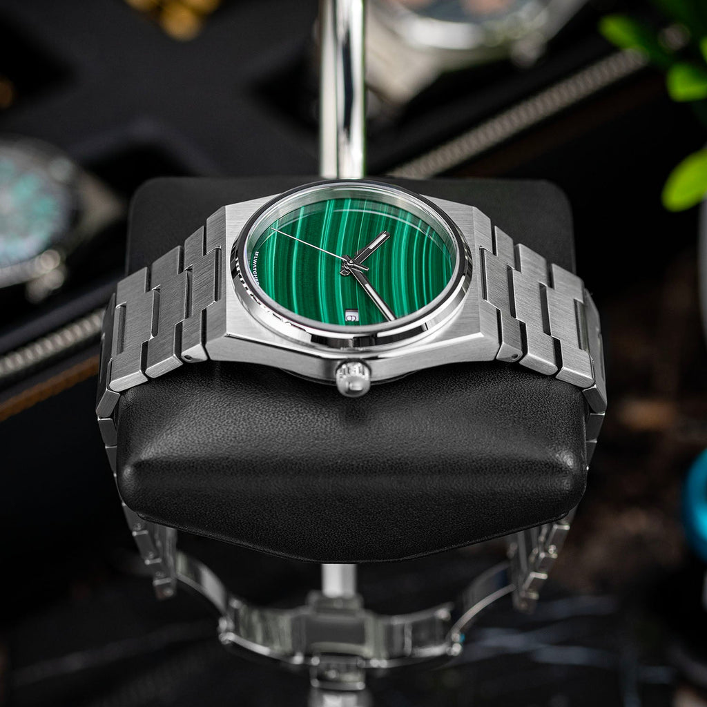 Malachite Steel Concept – Custom natural malachite stone dial on stainless steel watch, bespoke timepiece by IFL Watches