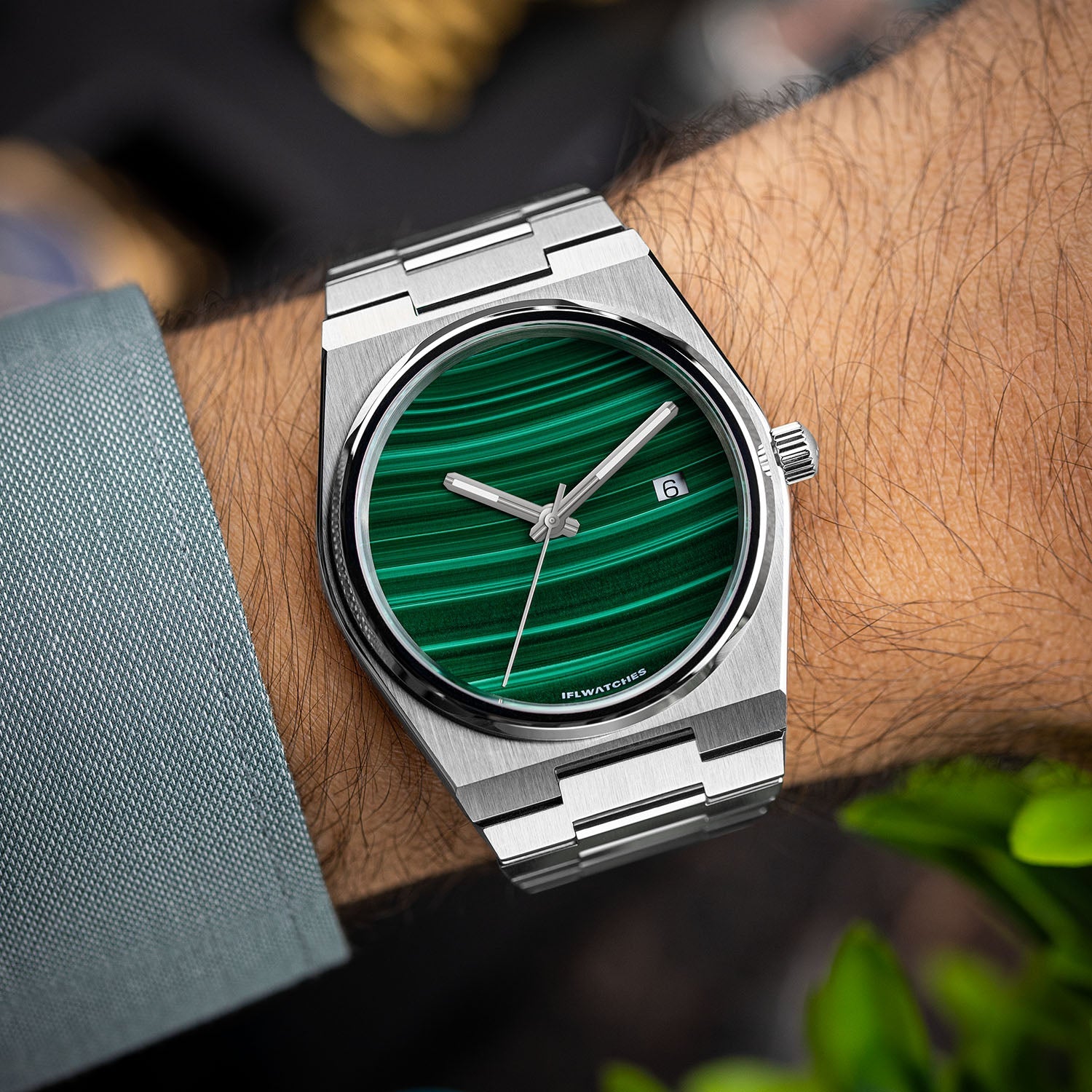 Malachite Steel Concept – Custom natural malachite stone dial on stainless steel watch, bespoke timepiece by IFL Watches