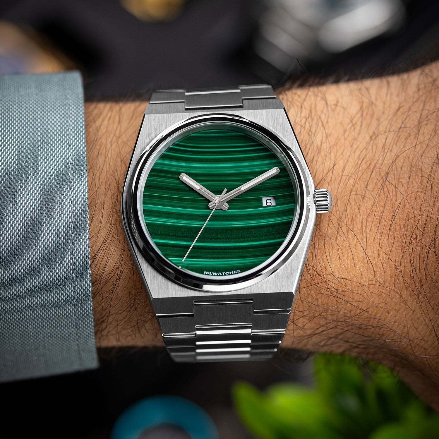 Malachite Steel Concept – Custom natural malachite stone dial on stainless steel watch, bespoke timepiece by IFL Watches
