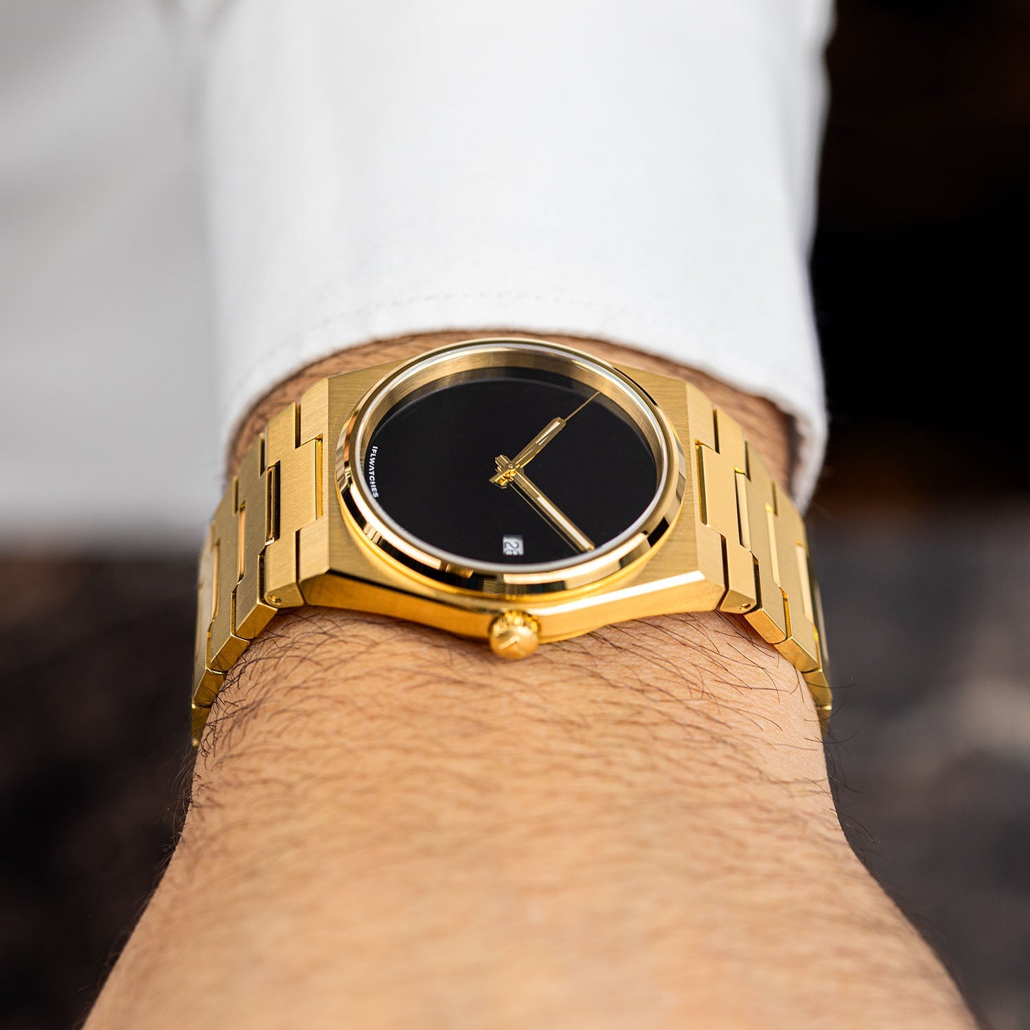 Onyx Gold Concept – Custom natural black onyx stone dial on gold-tone stainless steel watch, custom timepiece by IFL Watches