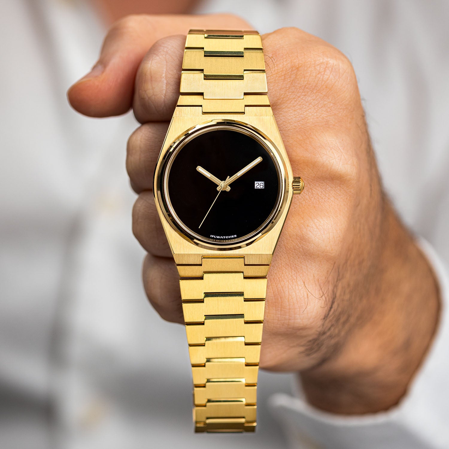 Onyx Gold Concept – Custom natural black onyx stone dial on gold-tone stainless steel watch, custom timepiece by IFL Watches