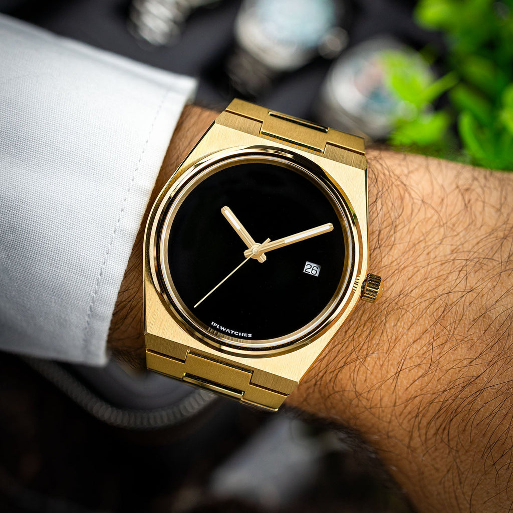 Onyx Gold Concept – Custom natural black onyx stone dial on gold-tone stainless steel watch, custom timepiece by IFL Watches