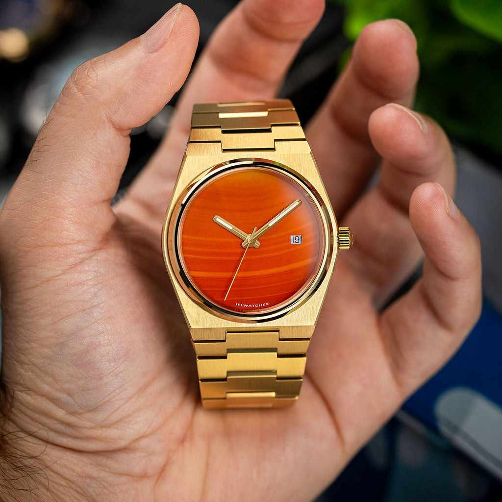 Red Agate Gold Concept – Custom natural red agate stone dial on gold-tone stainless steel watch, bespoke timepiece by IFL Watches
