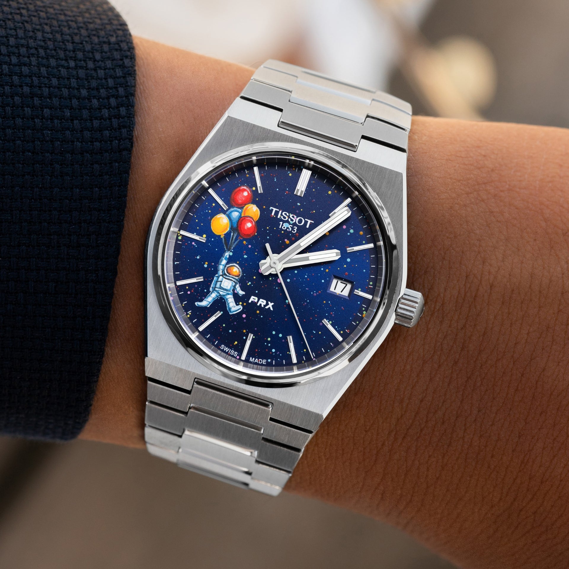 PRX Spaceman Concept – hand-painted custom Tissot PRX 35mm watch with playful astronaut and balloon artwork, limited edition by IFL Watches.