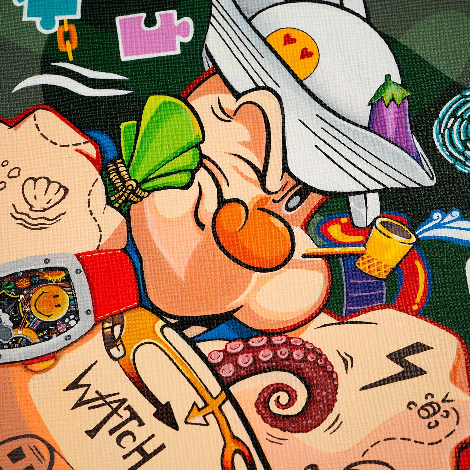 The Coollector Box — detail view of the hand-painted cartoon sailor with tattoos referencing Koi Fish, Where Is My Money, Puzzle, and more, bespoke accessory by IFL Watches.