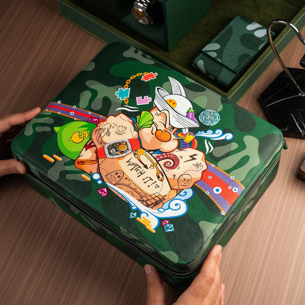 The Coollector Box — held in hand to show the scale of the hand-painted Saffiano leather watch case, bespoke accessory by IFL Watches.