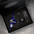 Mecha Ray Blue — the pre-assembled version in its presentation case with stand column and parts tray, motorised metal sculpture by IFL Watches.