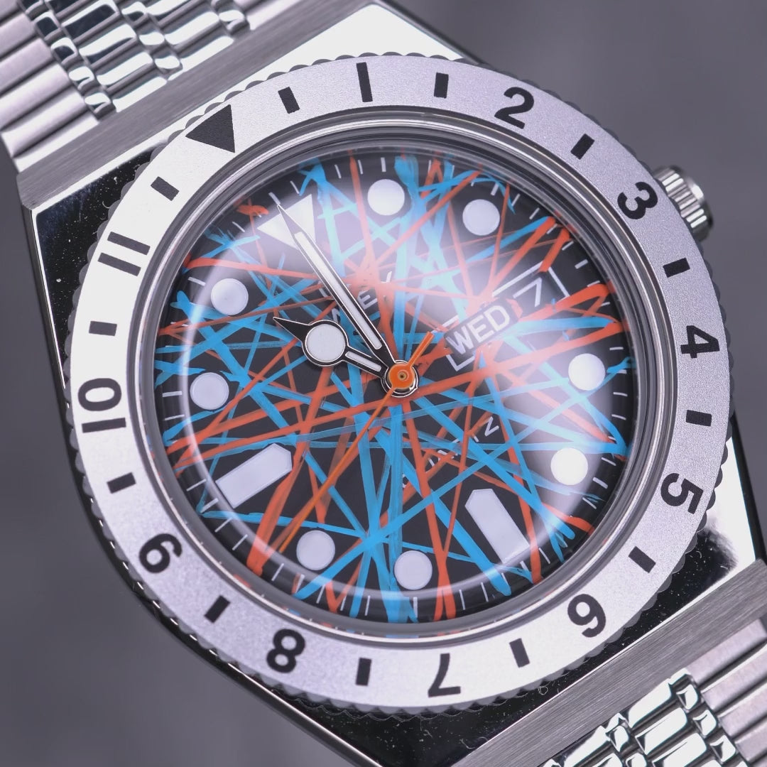 Timex Q Neon – Exclusive hand-painted timepiece with vibrant Blue and Orange Abstract Dial Artwork from Timex Q Diver Custom Collection