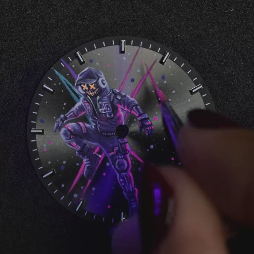 IFL Watches Canvax MK-01 – Hand-painted custom Canvax featuring neon steampunk soldier artwork, a bespoke timepiece by IFL Watches